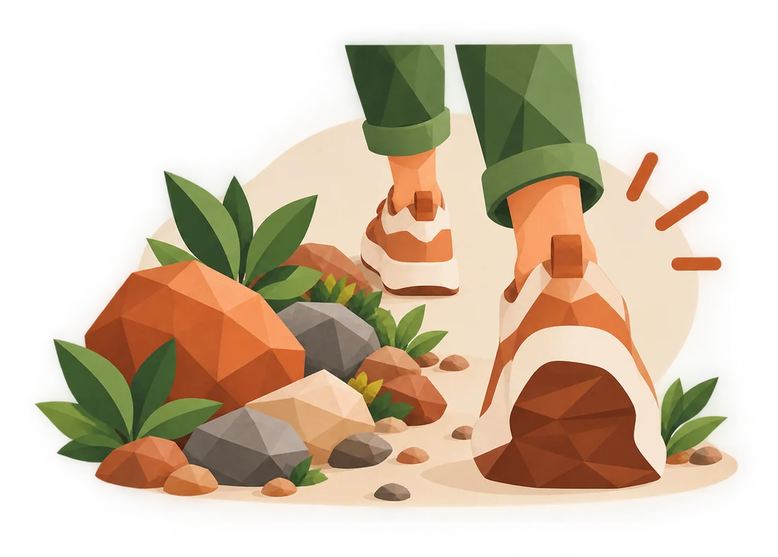Pessoa caminhando por um caminho cheio de pedras e plantas
