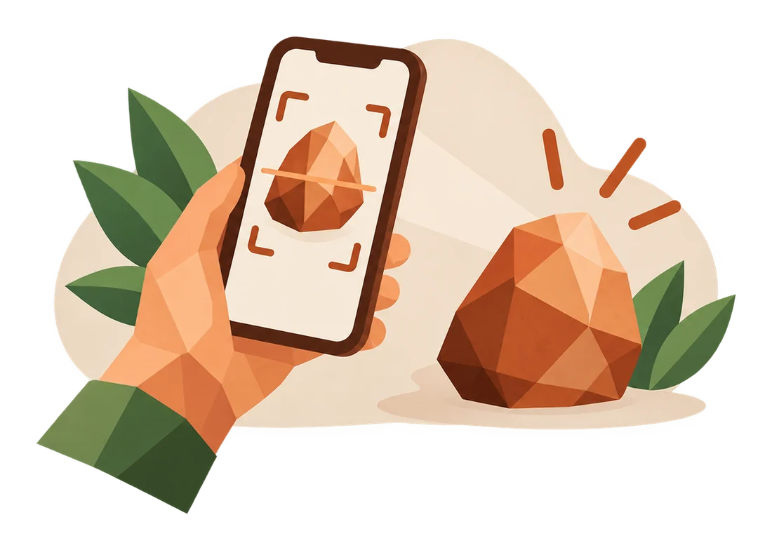 Mão apontando o celular para uma pedra para identificá-la